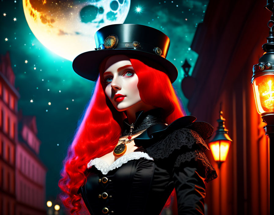 Stylized image of woman with red hair in Victorian attire under moonlit sky