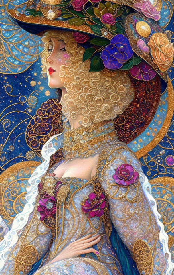 Illustrated woman with golden curls and floral attire.