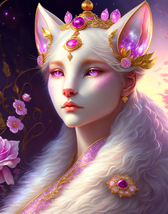 Ethereal creature with feline ears and golden accessories in pink floral setting