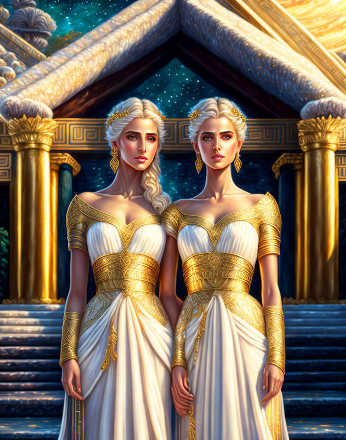 Two Women in Braided Hair in White and Gold Gowns Under Starry Sky