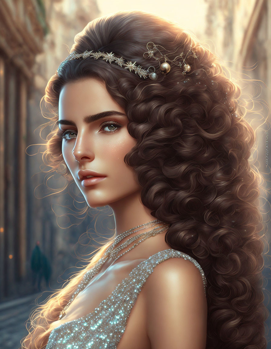 Digital artwork of woman with voluminous curly hair and pearl headpiece in sequined dress.