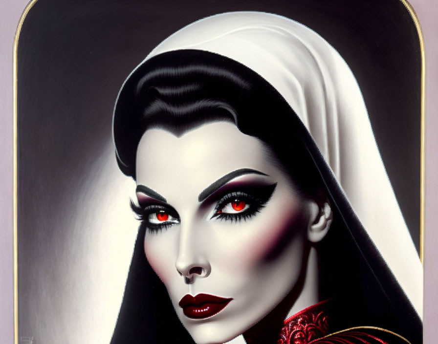 Portrait of a woman with pale skin, red eyes, arched eyebrows, dark lips, and black