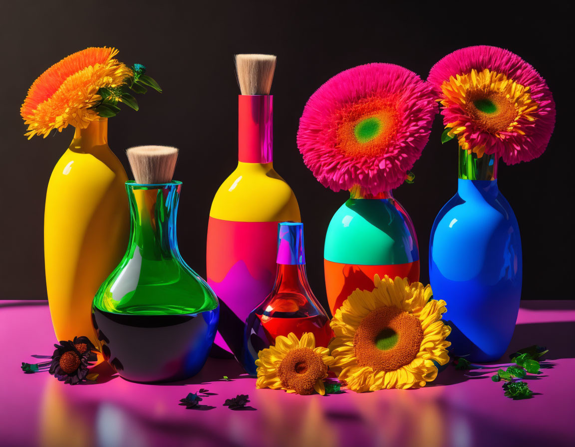 Colorful vases and flowers on reflective surface with purple backdrop and scattered petals