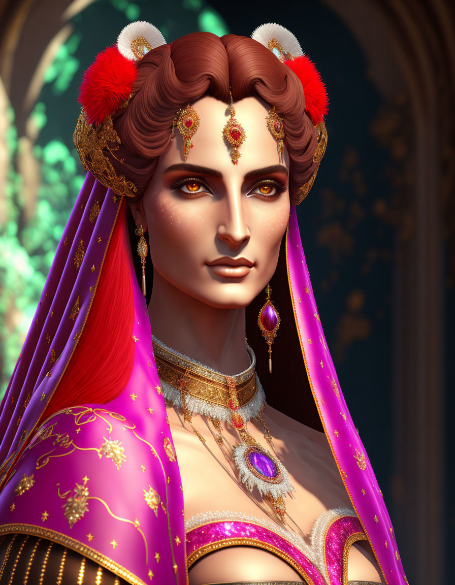 Regal woman adorned in gold jewelry and purple veil against arched backdrop