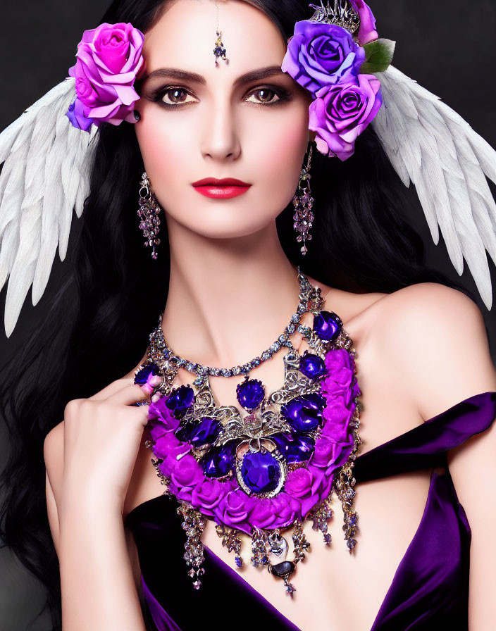 Dark-haired woman with purple roses, angel wings, and jewelry on dark background