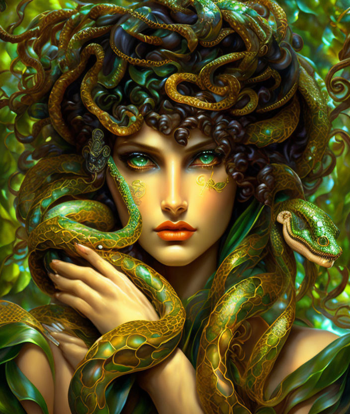 Fantastical Woman with Snake-like Features in Lush Setting