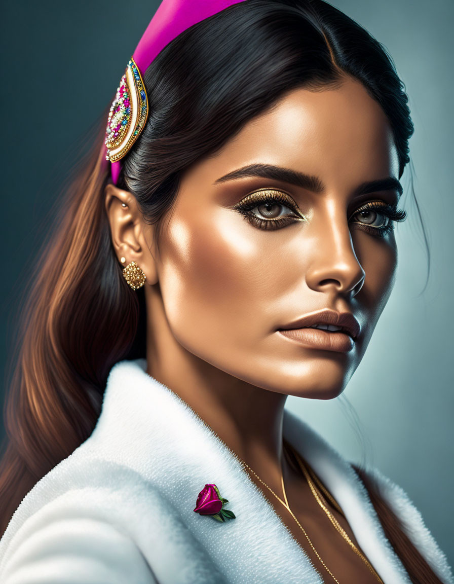 Hyper-realistic digital portrait of woman in white fur coat with pink headband and gold earrings, featuring