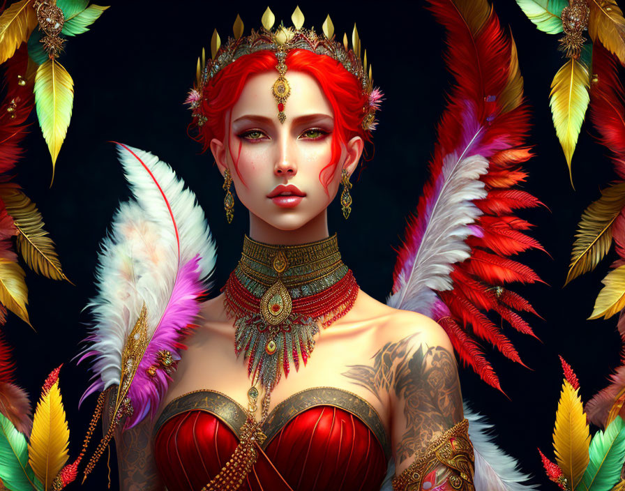 Digital Art Portrait of Woman with Red Hair and Gold Crown