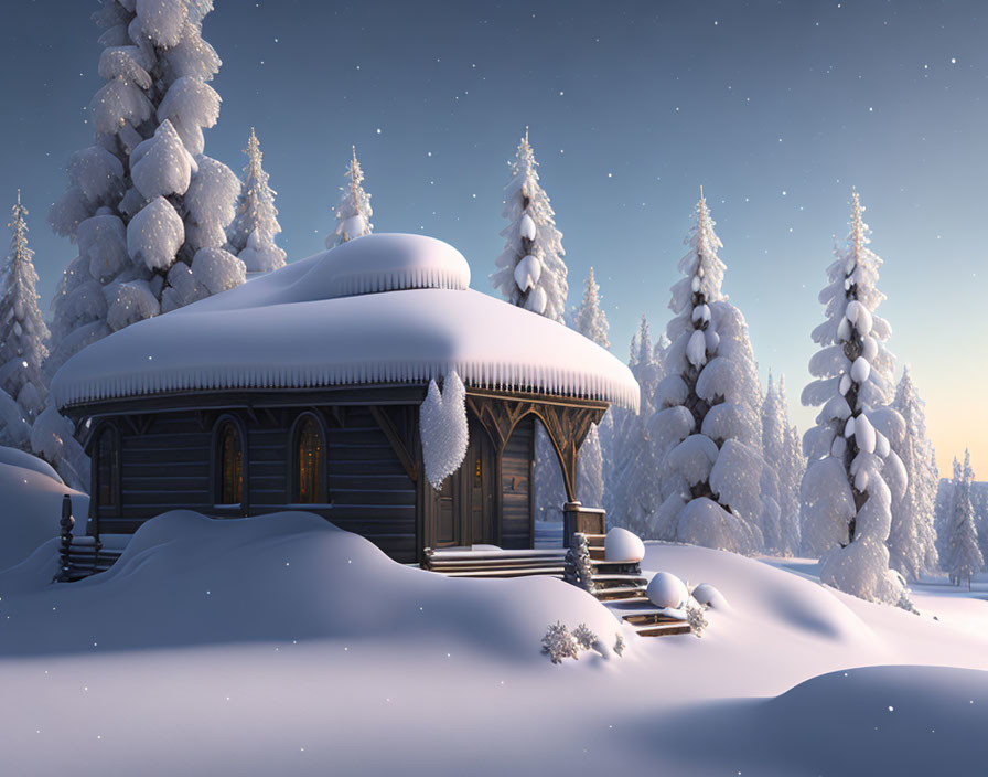 Snowy Pine Trees Surround Cozy Wooden Cabin in Twilight Winter Scene