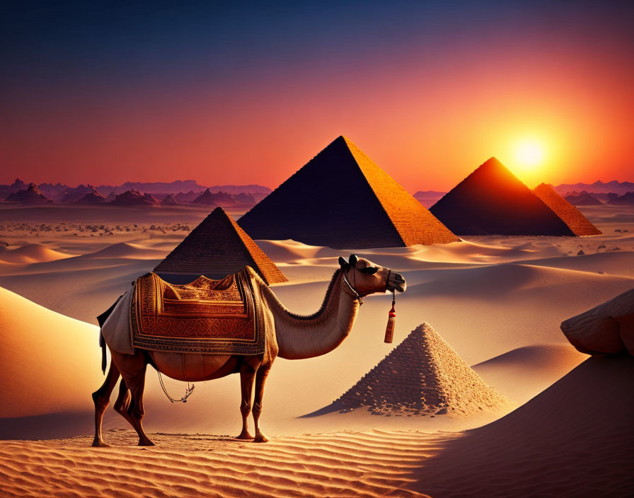 Camel at Egypt Pyramids: Sunset Scene with Desert Sands