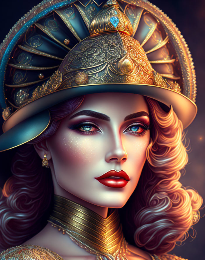 Woman with Red Lips, Blue Eyes, Golden Helmet, and Jewelry: Regal and Mystical Portrait