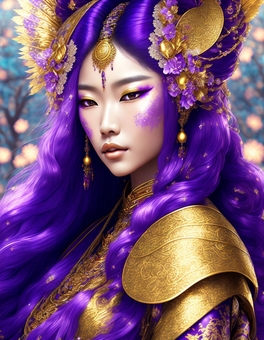 Vibrant purple-haired woman in gold-trimmed attire with floral backdrop