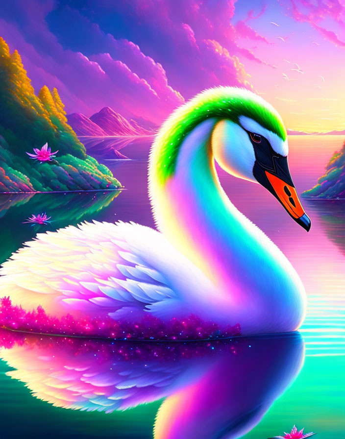 Colorful Digital Art: Neon Swan on Tranquil Lake at Twilight