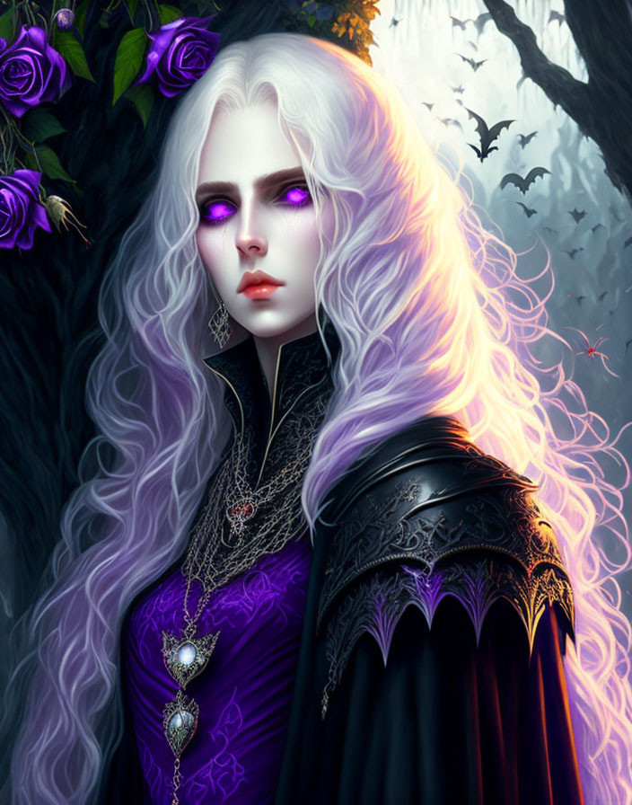 Fantasy portrait of a woman with white hair, purple eyes, in black and purple robe in shadow