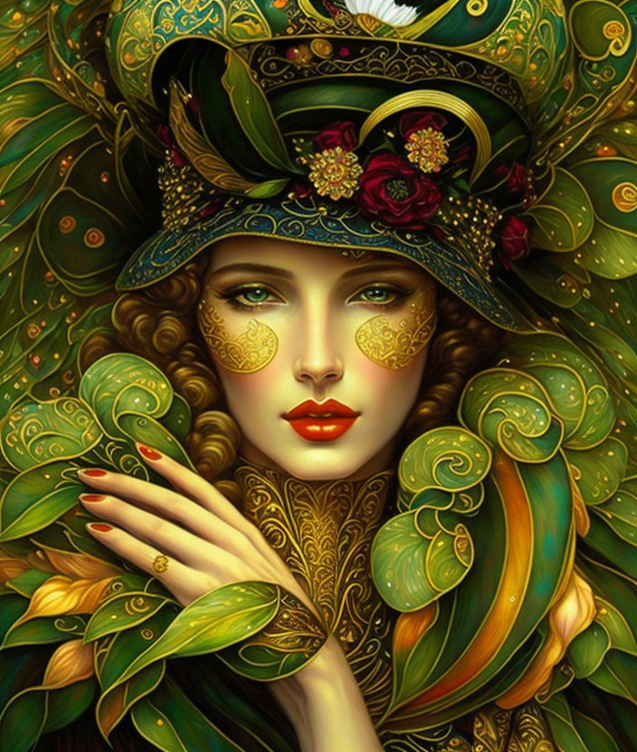 Portrait of woman with golden-green leaf patterns and red roses.