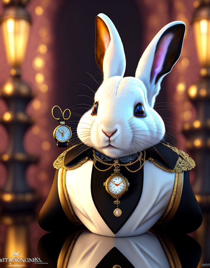 Stylized white rabbit in elegant black suit with golden accents