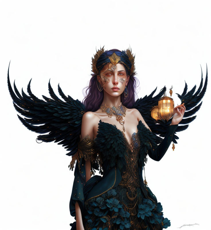 Dark Angel Wings and Golden Crown on Mystical Figure with Lantern