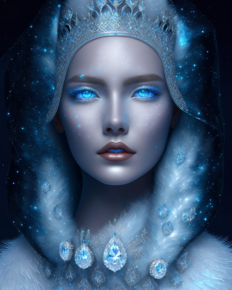 Digital portrait of woman with glowing blue eyes and silver crown on deep blue background