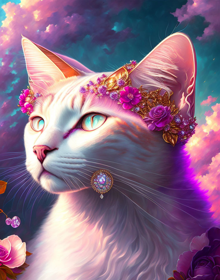 White Cat with Floral Crown and Jeweled Pendant in Vibrant Pink and Blue Setting