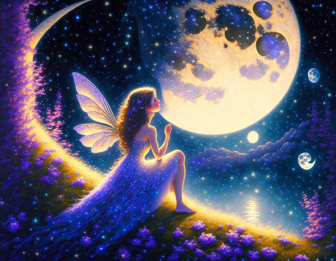 Glowing fairy with wings admires detailed moon in celestial setting