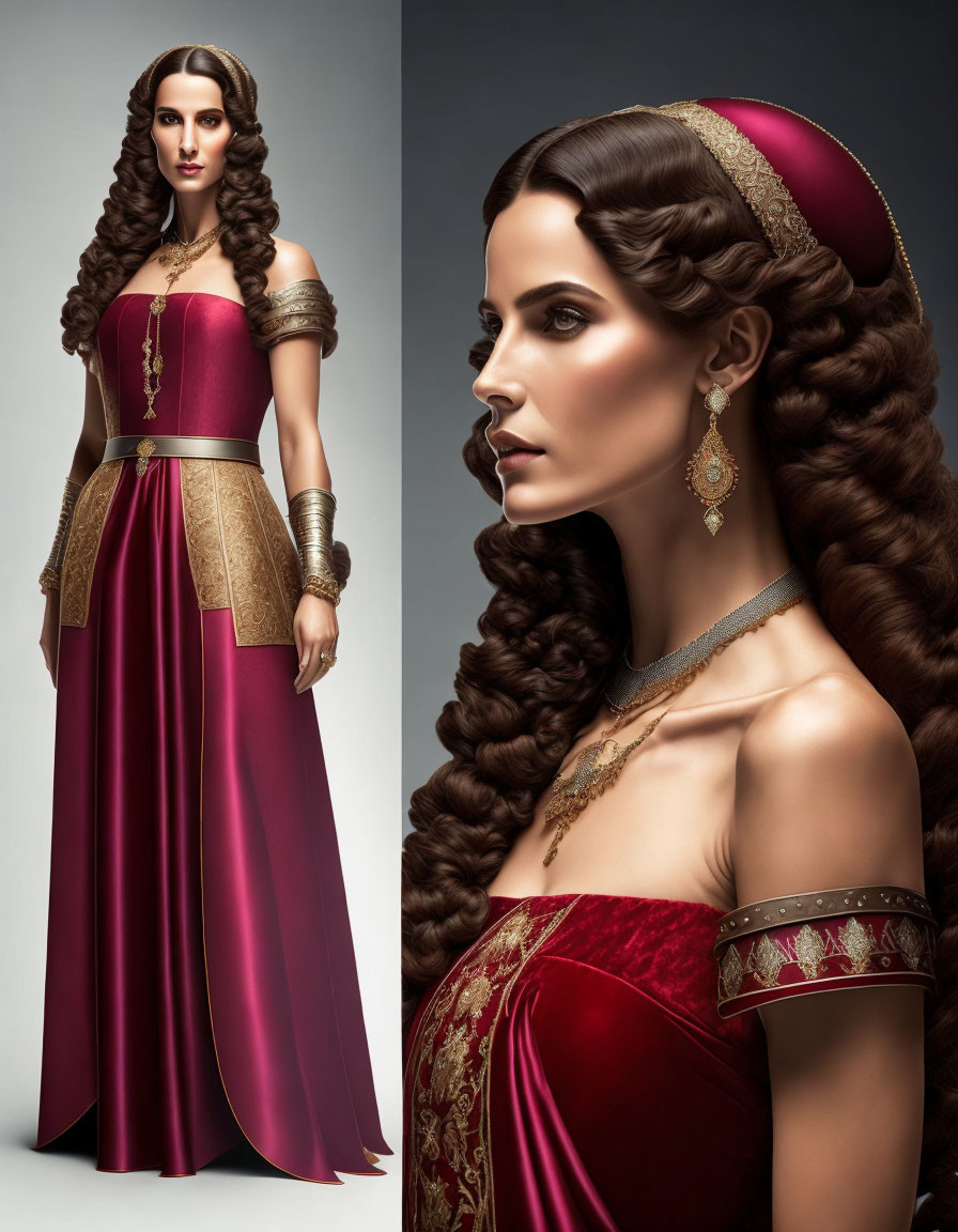 Woman in historical fantasy-style dress with red and gold colors, intricate braided hair, and ornate