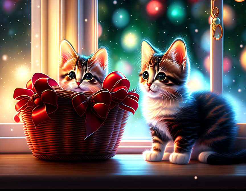 Adorable Kittens in Basket by Window with Red Bow