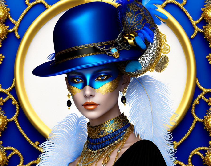 Digital artwork: Woman in blue hat and masquerade mask with ornate accessories on blue & gold