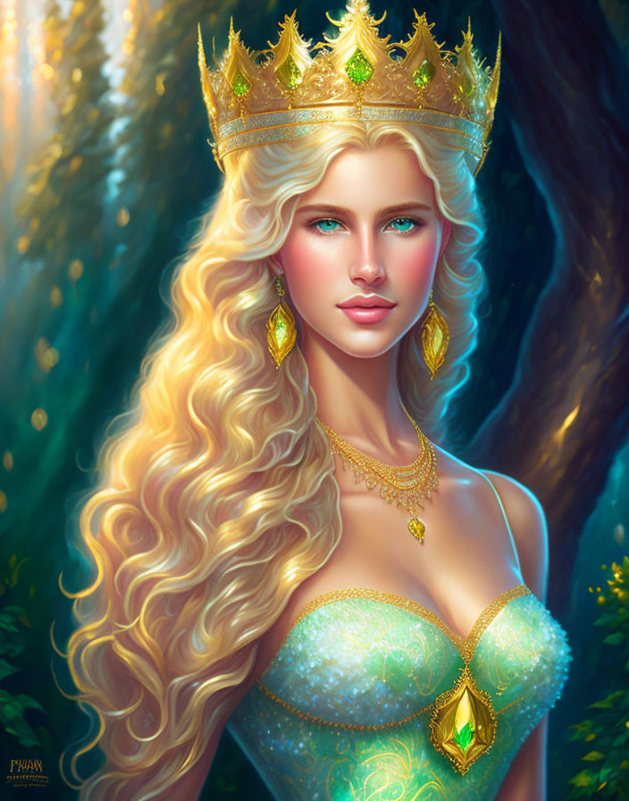 Blonde Queen with Golden Crown in Sunlit Forest