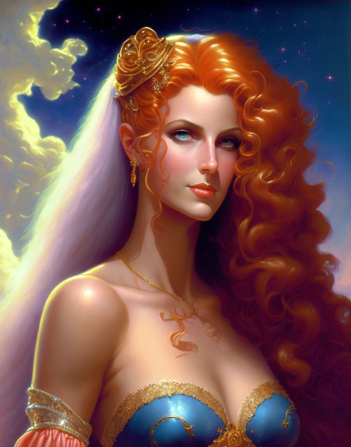 Digital portrait of woman with red hair, blue eyes, gold headpiece, blue and red dress under