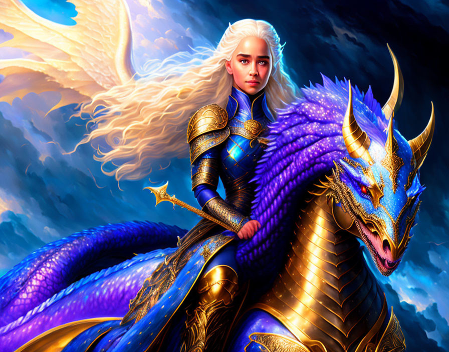 Warrior in blue and gold armor rides majestic blue dragon in dramatic sky