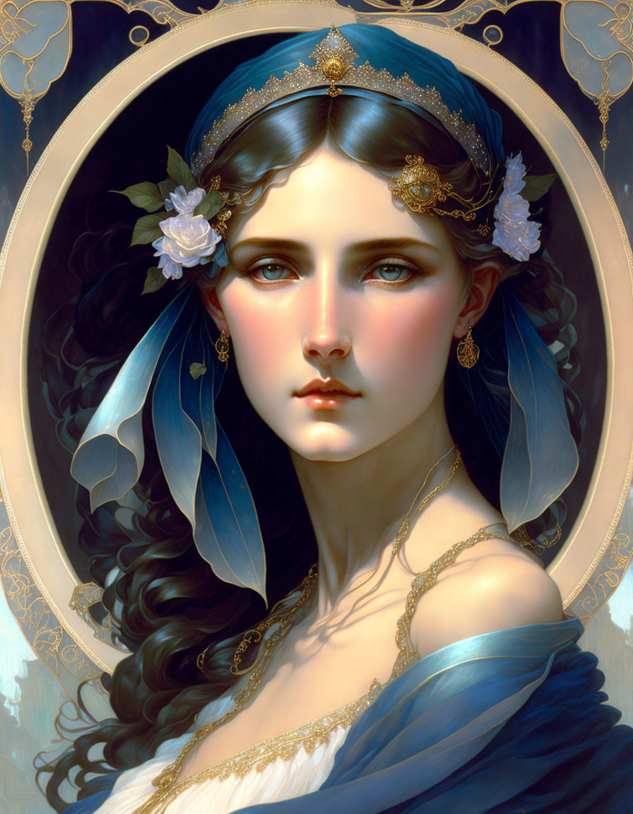 Illustration of woman with blue ribbons, gold diadem, and intricate jewelry in oval frame