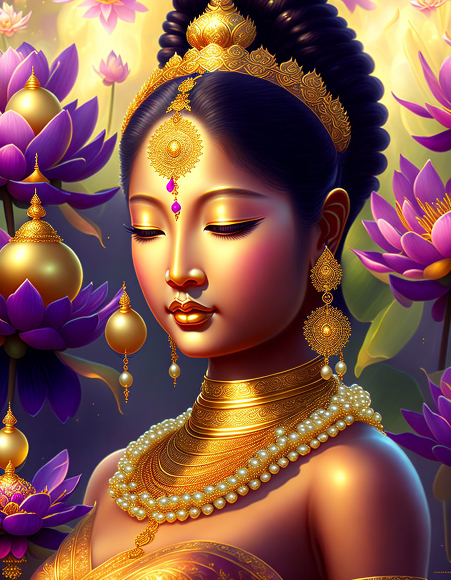 Woman with Golden Jewelry Amid Purple Lotus Flowers