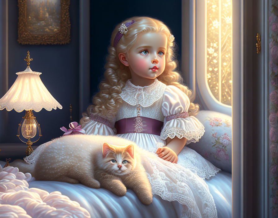 Blonde girl with cat by lamp and window on ornate bed