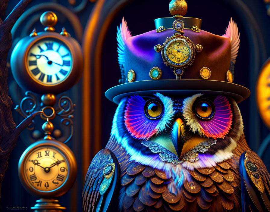 Colorful Digital Artwork: Owl with Clock Hat Surrounded by Vintage Timepieces