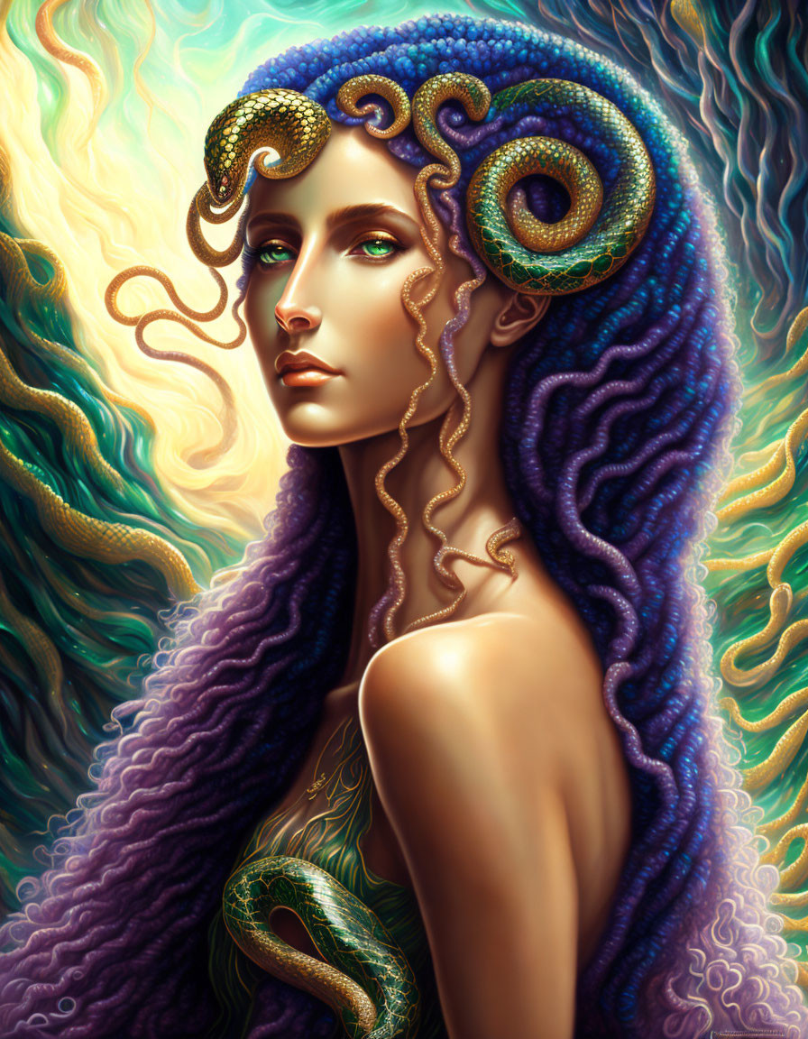 Woman with flowing purple hair in ram's horn shape entwined with serpent.