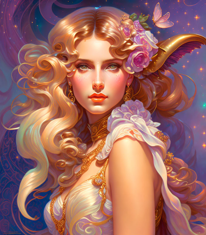 Woman with Golden Hair and Horn in Mystical Illustration