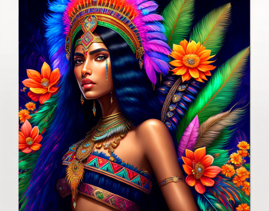 Colorful Feather Headdress Woman Surrounded by Flowers and Jewelry