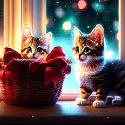 Adorable Kittens in Basket by Window with Red Bow