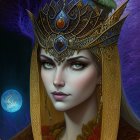 Regal woman with golden crown in cosmic setting