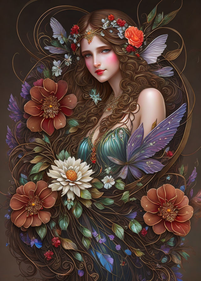 Whimsical female figure with butterfly wings in floral frame