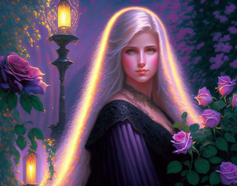 Fantasy illustration: Woman with glowing long hair near lamp post & purple roses