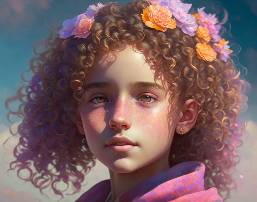 Curly Haired Girl Portrait with Flowers and Sparkling Cheeks