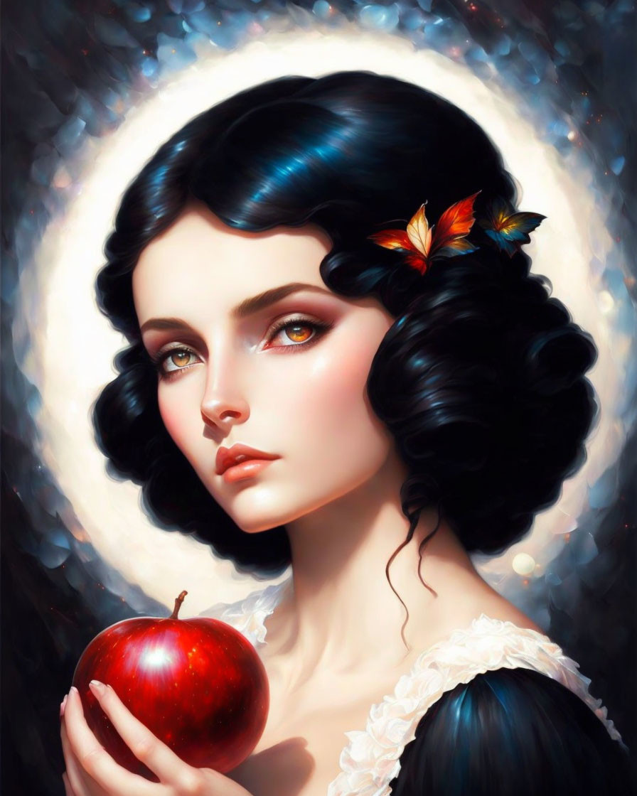 Portrait of Woman with Dark Hair Holding Red Apple and Butterfly on Glowy Background