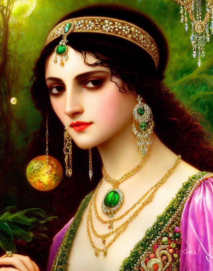 Portrait of Woman in Green and Purple Outfit with Gold Jewelry in Nature