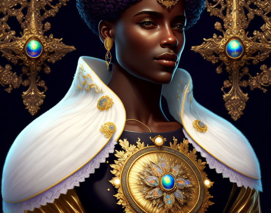 Regal Woman in Golden Headdress and Gemstone Shoulder Piece