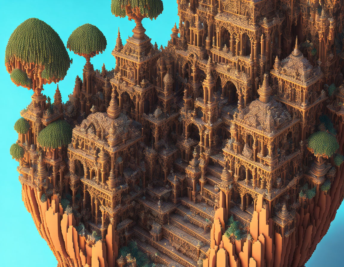 Fractal landscape with intricate architecture and floating islands against clear blue sky