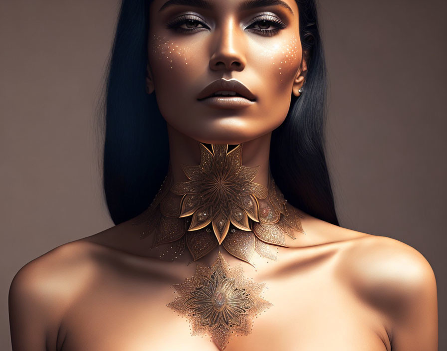 Woman with Dramatic Makeup and Metallic Floral Neckpiece on Neutral Background