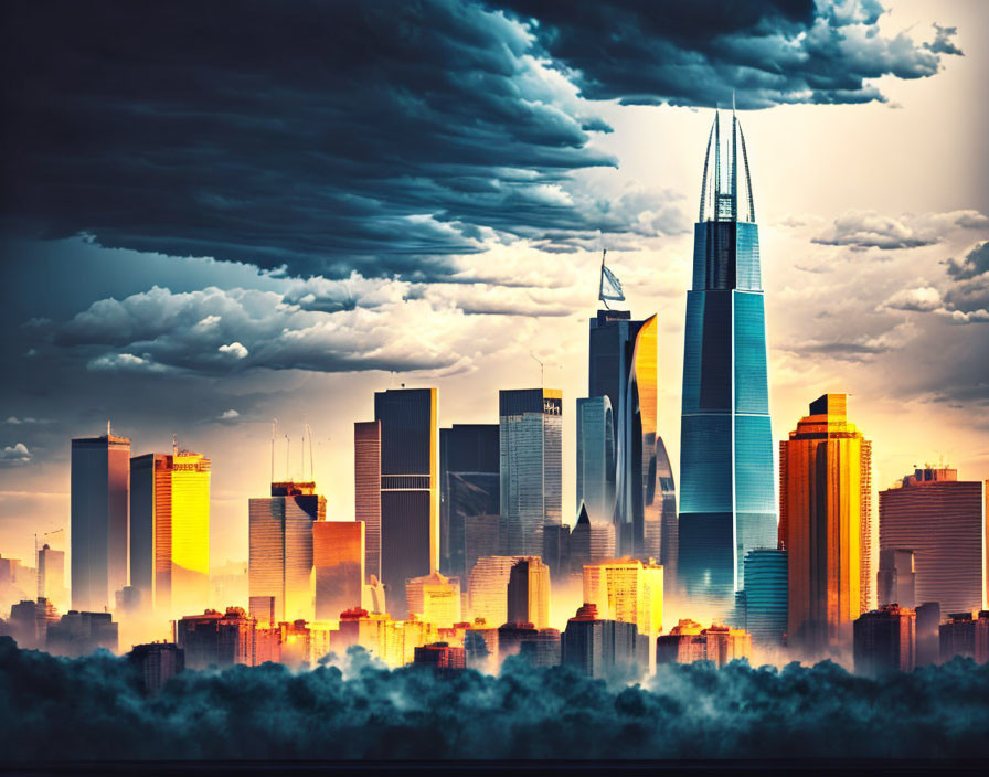 Dramatic cityscape with golden light and mist, skyscrapers in stormy sky