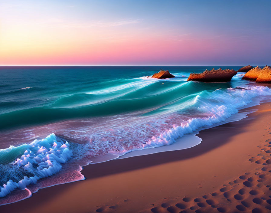 Tranquil Twilight Beach Scene with Smooth Waves and Rock Formations