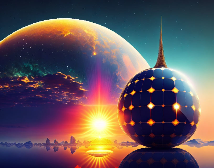 Surreal landscape with patterned sphere, reflective surface, sun, and oversized planet.